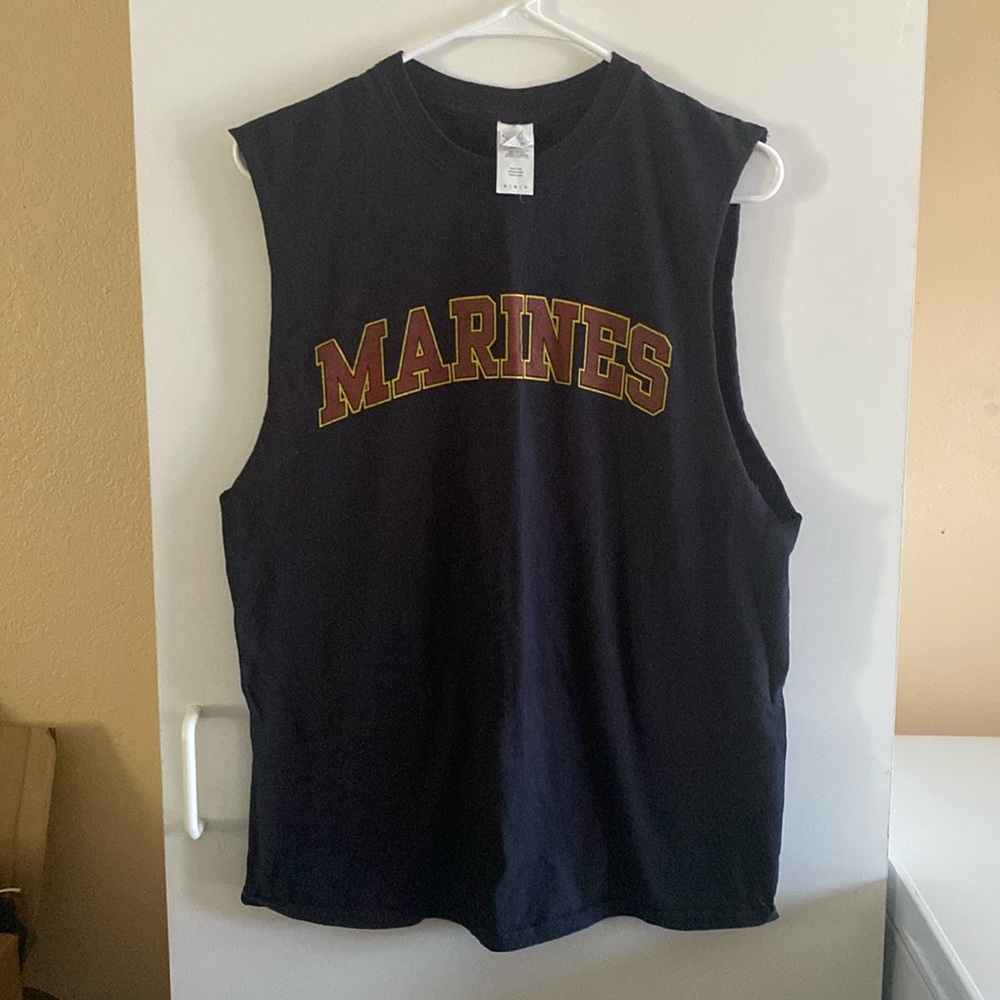 Marines black mens workout t shirt, sleeves cut off, size Medium